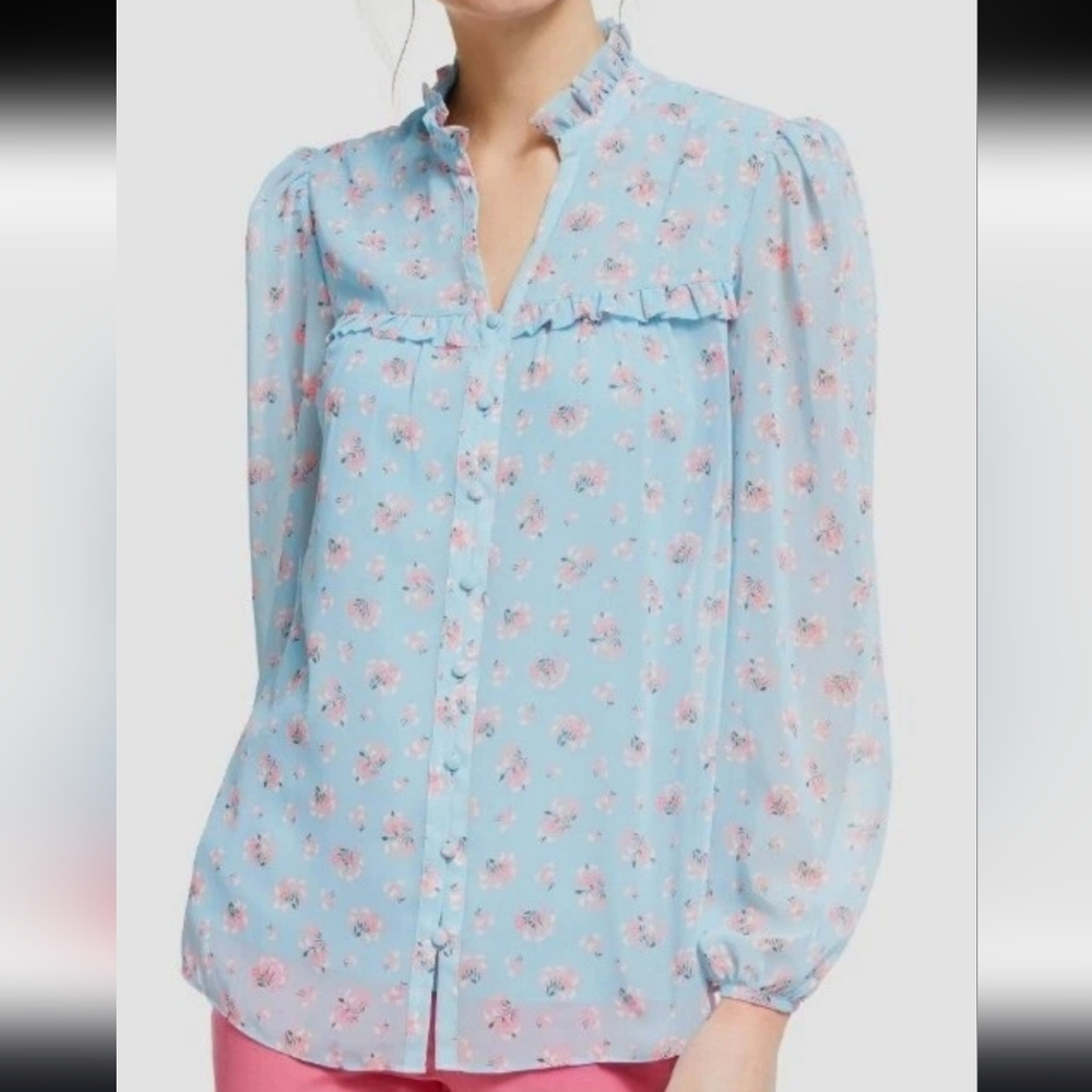 Boden Anya Heron Blue Posy Bloom Button Down Chiffon Blouse Shirt